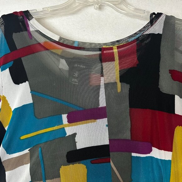 Ali Miles Tunic Top 1X sheer built in tank asymmetric colorful artsy button back - Picture 3 of 7